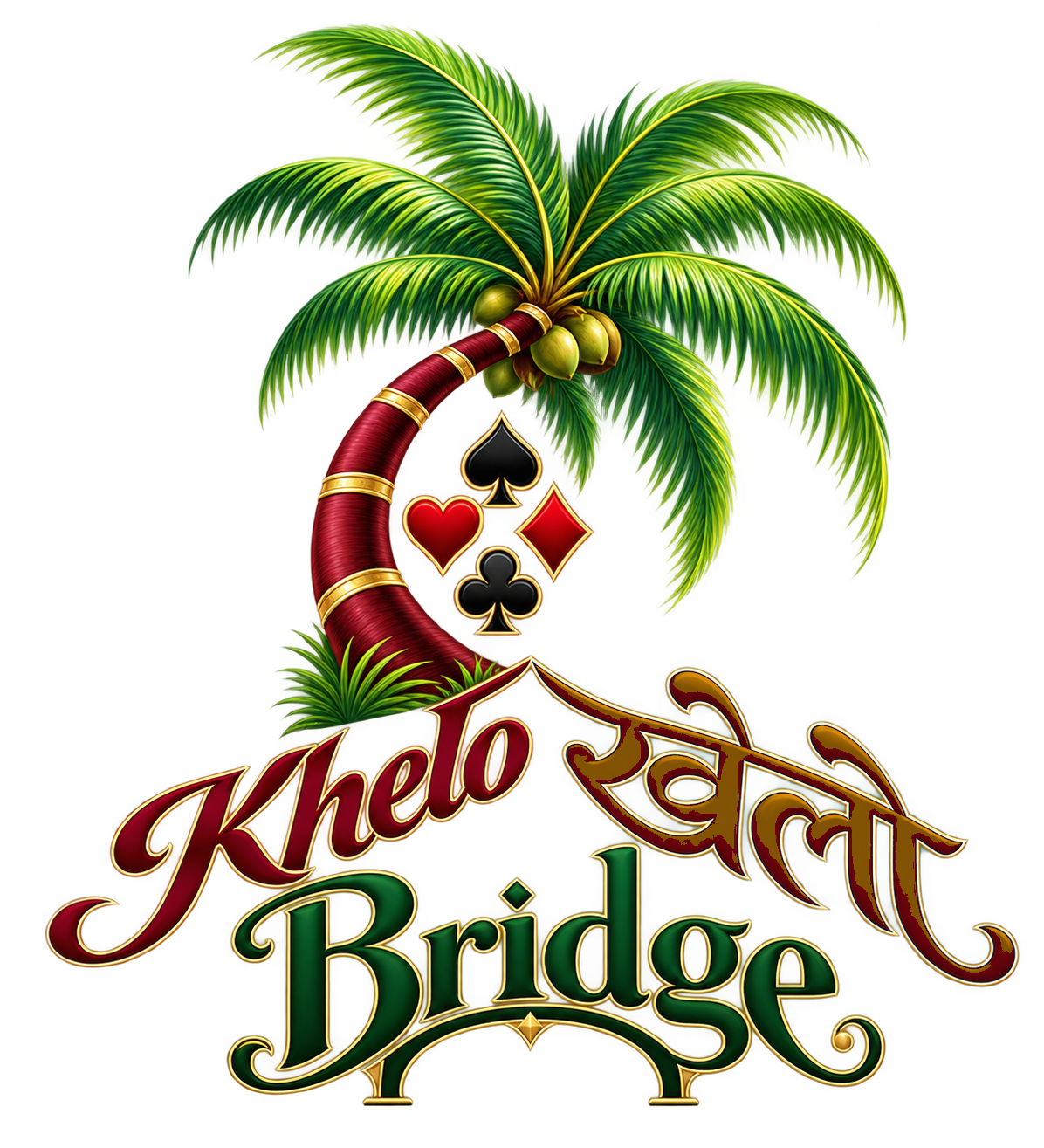 Khelo Bridge — coconut palm with the four card suits